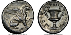 IONIA. Teos. Ca. 4th-3rd centuries BC. AR hemidrachm (13mm, 1.50 gm, 11h). NGC AU 5/5 - 3/5. Rhodian standard. Diogenes, magistrate. Griffin seated ri...