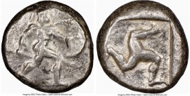 PAMPHYLIA. Aspendus. Ca. mid-5th century BC. AR stater (19mm). NGC Choice Fine. Helmeted nude hoplite advancing right, shield in left hand, spear forw...