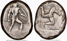 PAMPHYLIA. Aspendus. Ca. mid-5th century BC. AR stater (17mm). NGC Fine. Ca. 465-430 BC. Helmeted nude hoplite advancing right, spear forward in right...