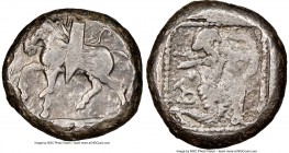CILICIA. Tarsus. Ca. late 5th century BC. AR stater (20mm, 10.84 gm, 9h). NGC VF 2/5 - 4/5. Satrap on horseback riding left, reins in left hand, lotus...