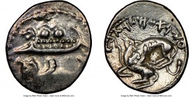PHOENICIA. Byblus. Aynel (Ca. 350-326 BC) AR 1/16 shekel (9mm, 6h). NGC XF. Lion-headed galley left, containing two hoplites with helmets and round sh...