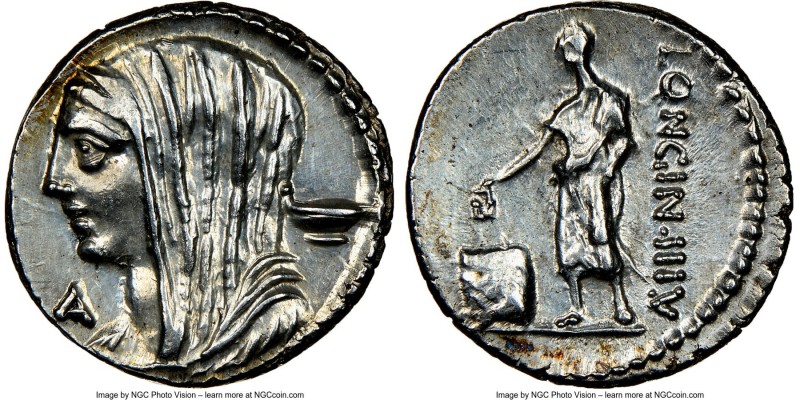 L. Cassius Longinus (ca. 60 BC). AR denarius (19mm, 5h). NGC AU. Rome. Draped an...