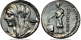 L. Cassius Longinus (ca. 60 BC). AR denarius (19mm, 5h). NGC AU. Rome. Draped and veiled bust of Vesta left; cylix behind; A below chin / LONGIN•III•V...