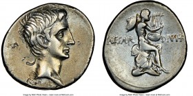 Octavian, as Imperator (43-27 BC). AR denarius (18mm, 4h). NGC Choice VF, bankers marks, flan flaw. Italian mint (Rome?), ca. 32-31 BC. Bare head of O...
