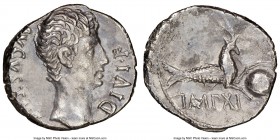 Augustus (27 BC-AD 14). AR denarius (17mm, 6h). NGC VF. Lugdunum, 12 BC. AVGVSTVS - DIVI F, bare head of Augustus right / IMP XI, capricorn right, hol...