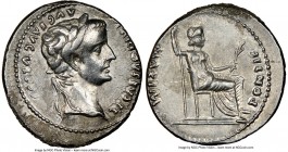 Tiberius (AD 14-37). AR denarius (19mm, 4h). NGC Choice VF. Lugdunum. TI CAESAR DIVI-AVG F AVGVSTVS, laureate head of Tiberius right / PONTIF-MAXIM, L...
