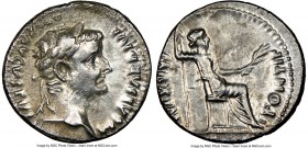 Tiberius (AD 14-37). AR denarius (18mm, 7h). NGC Choice VF. Lugdunum. TI CAESAR DIVI-AVG F AVGVSTVS, laureate head of Tiberius right / PONTIF-MAXIM, L...
