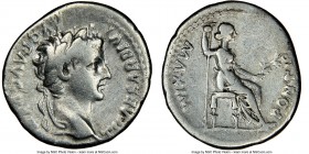 Tiberius (AD 14-37). AR denarius (18mm, 9h). NGC Choice Fine. Lugdunum, ca. AD 15-18. TI CAESAR DIVI-AVG F AVGVSTVS, laureate head of Tiberius right /...