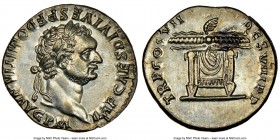 Domitian (AD 81-96). AR denarius (18mm, 5h). NGC Choice AU, Fine Style, brushed. Rome, AD 81. IMP CAES DIVI VESP F DOMITIAN AVG P M, laureate head rig...