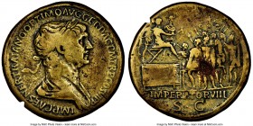 Trajan (AD 98-117). AE sestertius (33mm, 6h). NGC Fine, edge cut, scratches, gouge. Rome, AD 115. IMP CAES NER TRAIANO OPTIMO AVG GER DAC P M TR P COS...