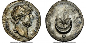 Hadrian (AD 117-138). AR denarius (18mm, 3.18 gm, 6h). NGC MS 5/5 - 2/5. Rome, AD 125-128. HADRIANVS-AVGVSTVS, laureate bust of Hadrian right, drapery...