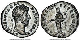 Lucius Verus (AD 161-169). AR denarius (17mm, 6h). NGC AU, brushed. Rome, summer-December AD 166. L VERVS AVG-ARM PARTH MAX, laureate head of Lucius V...
