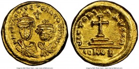 Heraclius (AD 610-641), with Heraclius Constantine. AV solidus (11mm, 4.52 gm, 6h). NGC Choice AU 4/5 - 4/5, scratch. Carthage, Indictional Year 8 (AD...