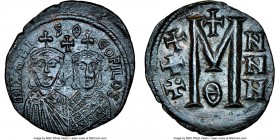 Michael II the Amorian (AD 821-829), with Theophilus. AE follis or 40 nummi (28mm, 7h). NGC XF, smoothing. Constantinople. mIXAHL-S Θ-ЄOFILOS, crowned...