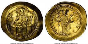 Constantine X Ducas (AD 1059-1067). AV histamenon nomisma (25mm, 7h). NGC AU, graffito, brushed. Constantinople. +IhS IXS RЄX-RЄSNANTIhm, Christ seate...