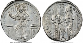 Andronicus II Palaeologus and Michael IX (AD 1294-1320). AR basilicon (22mm, 5h). NGC AU. Constantinople, AD 1304-1320. KYPIЄ-BOHΘЄI, Christ enthroned...
