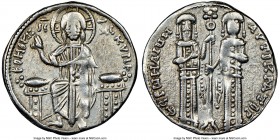 Andronicus II Palaeologus and Michael IX (AD 1294-1320). AR basilicon (21mm, 5h). NGC XF. Constantinople, AD 1304-1320. KYPIЄ-BOHΘЄI, Christ enthroned...