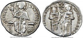 Andronicus II Palaeologus and Michael IX (AD 1294-1320). AR basilicon (20mm, 5h). NGC Choice VF. Constantinople, AD 1304-1320. KYPIЄ-BOHΘЄI, Christ en...
