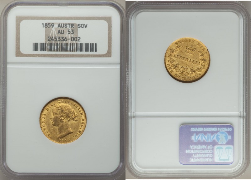 Victoria gold Sovereign 1859-SYDNEY AU53 NGC, Sydney mint, KM4. Lustrous and cho...