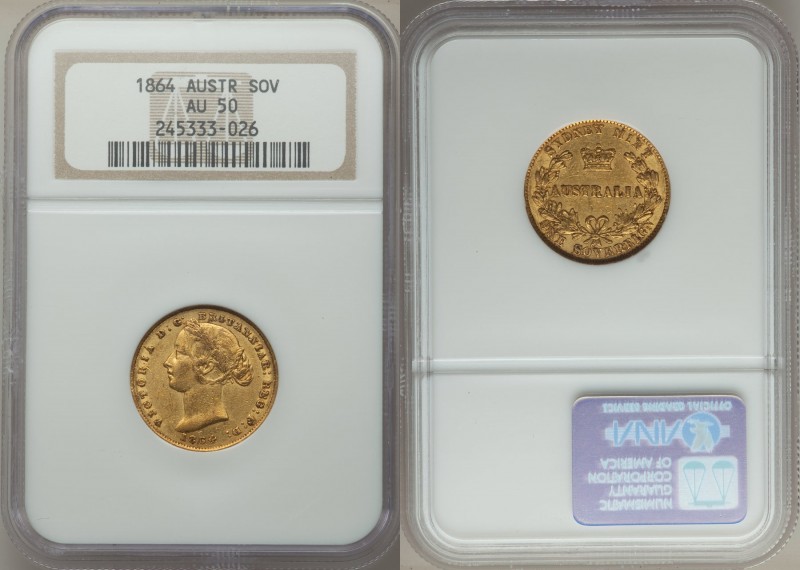 Victoria gold Sovereign 1864-SYDNEY AU50 NGC, Sydney mint, KM4. AGW 0.2353 oz. 
...