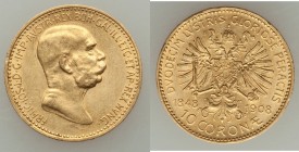Franz Joseph I gold 10 Corona 1908 XF, KM2810. 18.9mm. 3.38gm. 60th anniversary of reign commemorative, one year type. AGW 0.0980 oz. 

HID09801242017