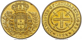 João VI gold 4000 Reis 1822/1-(R) AU55 NGC, Rio de Janeiro mint, KM327.1, Fr-99, LMB-586 var. (overdate not mentioned). A charming overdate issue, exh...