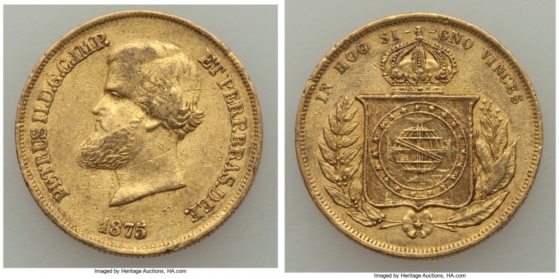 Pedro II gold 10000 Reis 1875 XF, KM467. 22.8. 8.93gm. AGW 0.2643 oz. 

HID09801...