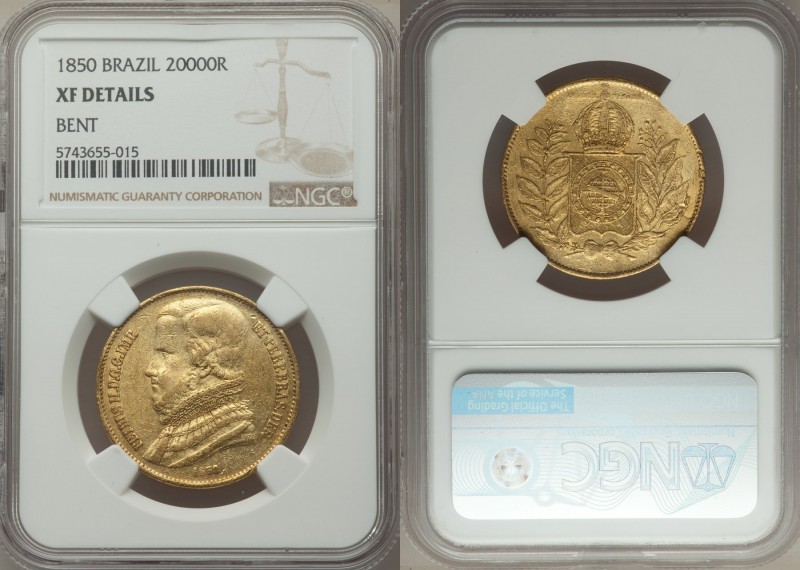 Pedro II gold 20000 Reis 1850 XF Details (Bent) NGC, KM461. Three year type. AGW...