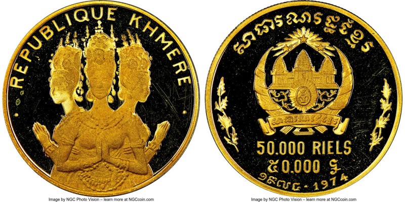 Republic gold Proof "Cambodian Dancers" 50000 Riels 1974 PR68 Ultra Cameo NGC, K...