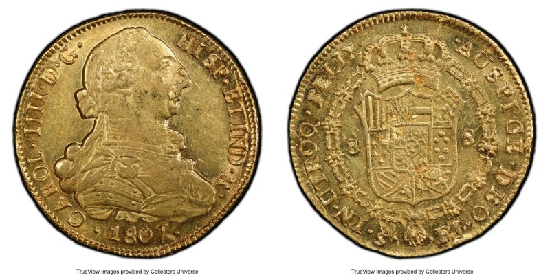 Charles IV gold 8 Escudos 1807 So-FJ AU55 PCGS, Santiago mint, KM54, Fr-23. Exce...