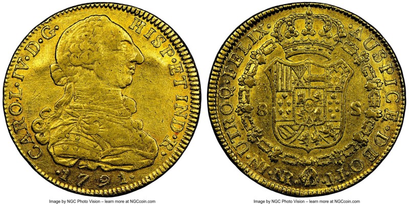 Charles IV gold 8 Escudos 1791 NR-JJ XF40 NGC, Nuevo Reino mint, KM53.1. Carol I...