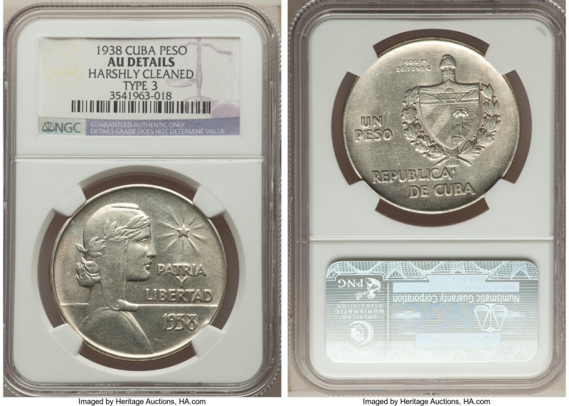 Pair of Certified Republic Pesos NGC 1) Peso 1938 - AU Details (Harshly Cleaned)...