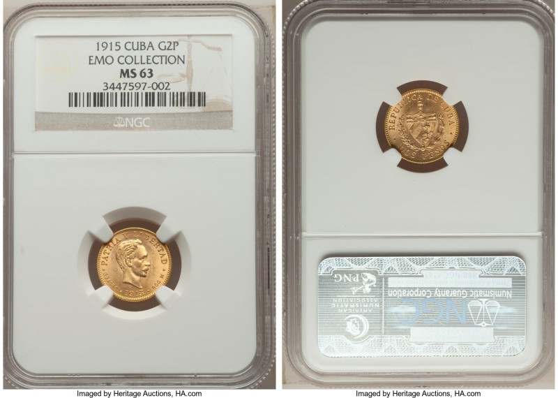 Republic gold 2 Pesos 1915 MS63 NGC, KM17. AGW 0.0967 oz. Selections from the EM...