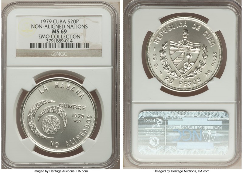 Republic silver 20 Pesos 1979 MS69 NGC, KM44. Mintage: 20,000. Issued for the no...