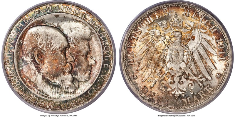 Württemberg. Wilhelm II "Wedding Anniversary" 3 Mark 1911-F MS67 PCGS, Stuttgart...