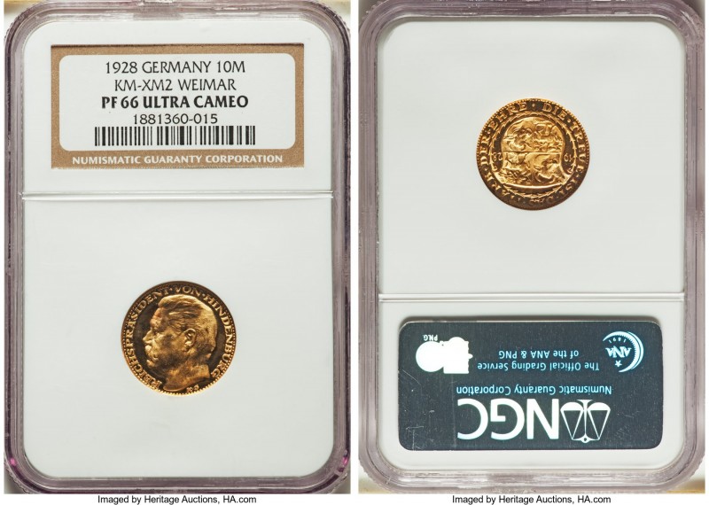 Weimar Republic gold Proof Medallic "Von Hindenburg" 10 Mark 1928 PR66 Ultra Cam...