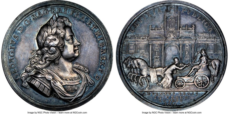 George I silver "Entry into London" Medal 1714 AU58 NGC, Eimer-467. 47mm. By J. ...