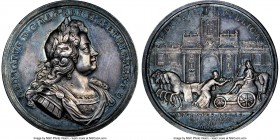 George I silver "Entry into London" Medal 1714 AU58 NGC, Eimer-467. 47mm. By J. Croker. GEORGIVS D G MAG BRI FRA ET HIB REX F D His laureate and drape...