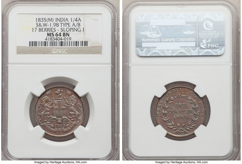 British India. East India Company 1/4 Anna 1835-(m) MS64 Brown NGC, Madras mint,...