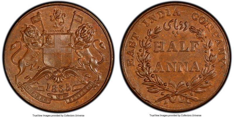 British India. East India Company 1/2 Anna 1835-(b) MS64 Red and Brown PCGS, Bom...