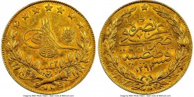 Ottoman Empire. Abdul Hamid II gold 100 Kurush AH 1293 Year 32 (1907/8) AU58 NGC, Constantinople mint (in Turkey), KM730.

HID09801242017
