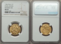 Papal States. Benedict XIV gold Zecchino 1746 MS63 NGC, Rome mint, KM943, Fr231. Conservatively graded, beautiful butter gold color with highly reflec...