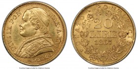 Papal States. Pius IX gold 20 Lire Anno XXII (1867)-R MS63 PCGS, Rome mint, KM1382.3. Three year type, harvest shade of gold, small carbon spot on rev...