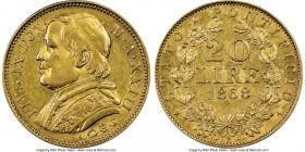 Papal States. Pius IX gold 20 Lire Anno XXIII (1868)-R AU55 NGC, Rome mint, KM1382.4. AGW 0.1867 oz. 

HID09801242017