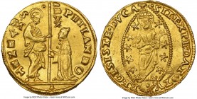 Venice. Pietro Lando gold Ducat ND (1539-1545) UNC Details (Reverse Scratched) NGC, Fr-1248. PET LANDO S M VENET DVX Doge kneeling left receiving bann...