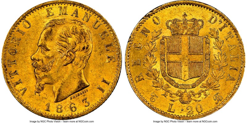 Vittorio Emanuele II gold 20 Lire 1863 T-BN MS62 NGC, Turin mint, KM10.1. AGW 0....
