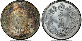 Taisho 50 Sen Year 6 (1917) MS65+ NGC, KM-Y37.2. The obverse displays a rainbow of tones mostly containing shades of plum and teal to terracotta while...