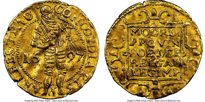 Utrecht. Provincial gold Ducat 1597 AU50 NGC, Fr-284. Delm-963. Wavy flan with f...