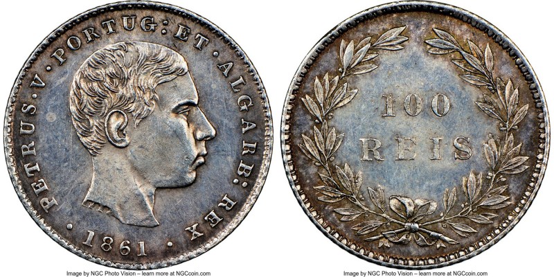 Pedro V 100 Reis 1861 MS61 NGC, Lisbon mint, KM497. Last year of four year type,...