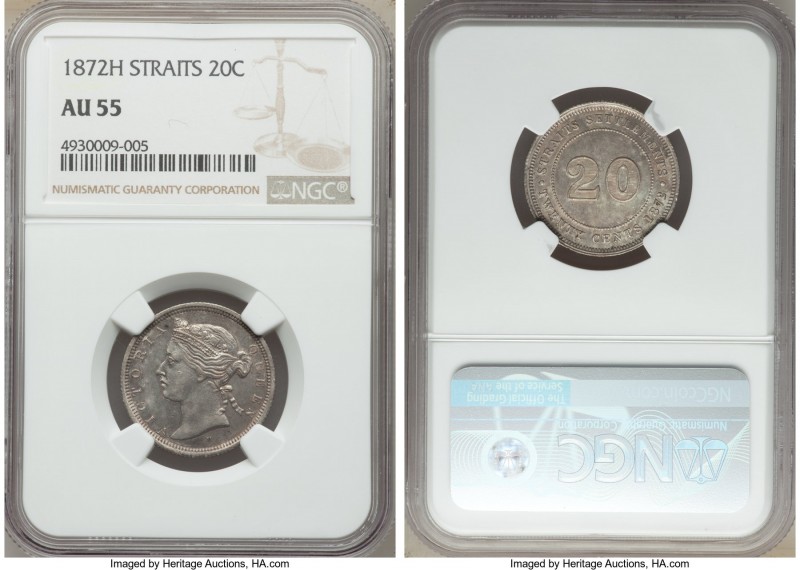 British Colony. Victoria 20 Cents 1872-H AU55 NGC, Heaton mint, KM12. Second yea...